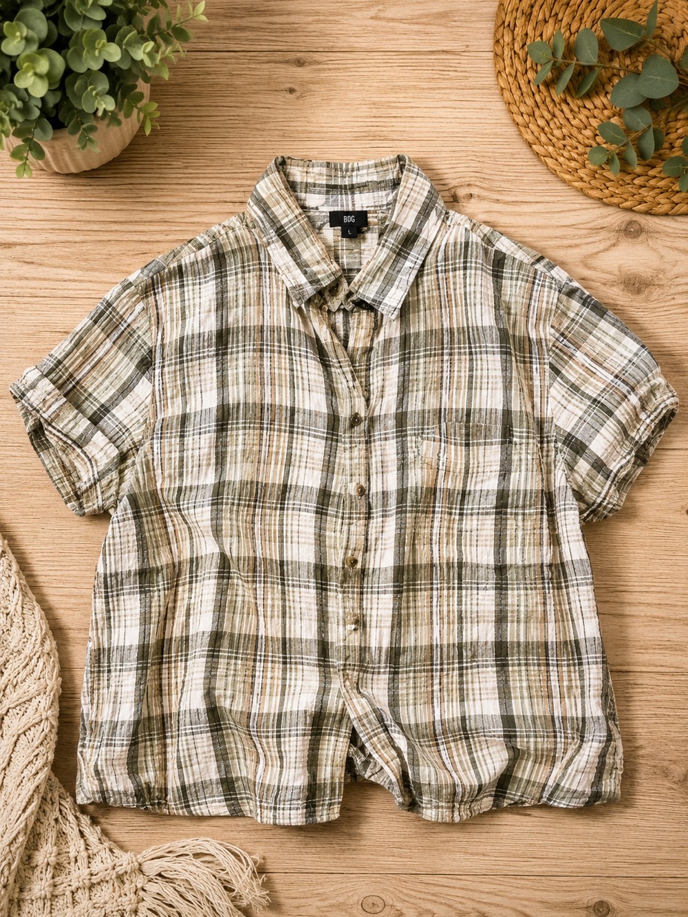 Erika plaid button-up shirt 2X in soft neutral olive, cream, and tan tones. 667